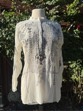 Johnny Was Cream Blouse with Black Floral Embroidery